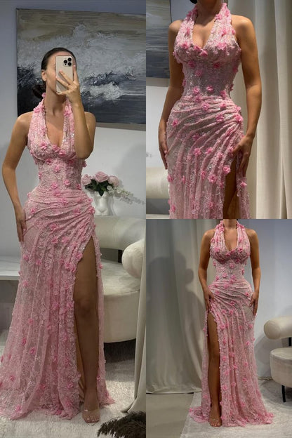 Classy Mermaid Halter V Neck Pink Lace With High Slit Prom Dress Aesthetic For Teens Formal Dresses Party Outfits Prom Gown AB1123