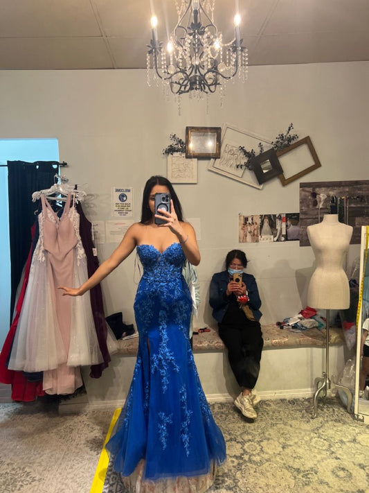 Flattering Mermaid Sweetheart Royal Blue With Lace Appliques Slit Bodice Prom Dresses Long Birthday Party Dress Evening Dresses N437