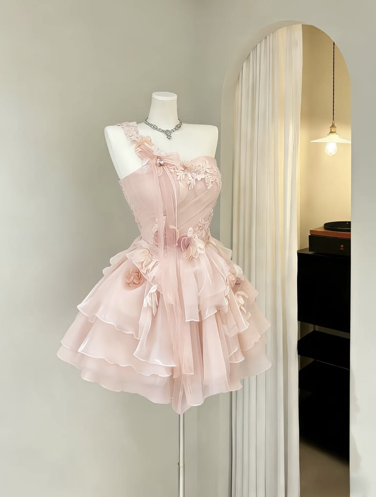 Cute Ball Gown One Shoulder Pink Chiffon For Teens Girls Mini Senior Inspo Short Birthday Outfits Homecoming Dress RB3035