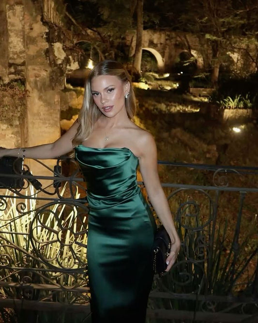 Simple Mermaid Strapless Dark Green Satin Long Prom Dresses Formal Dress Party 20th Birthday Outfits N438