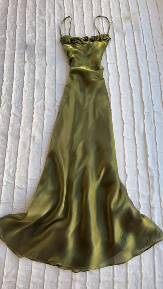 Simple A Line Spaghetti Straps Olive Green Organza Long Prom Dresses Inspiration Evening Gowns For Women Formal Party Dress AB1206