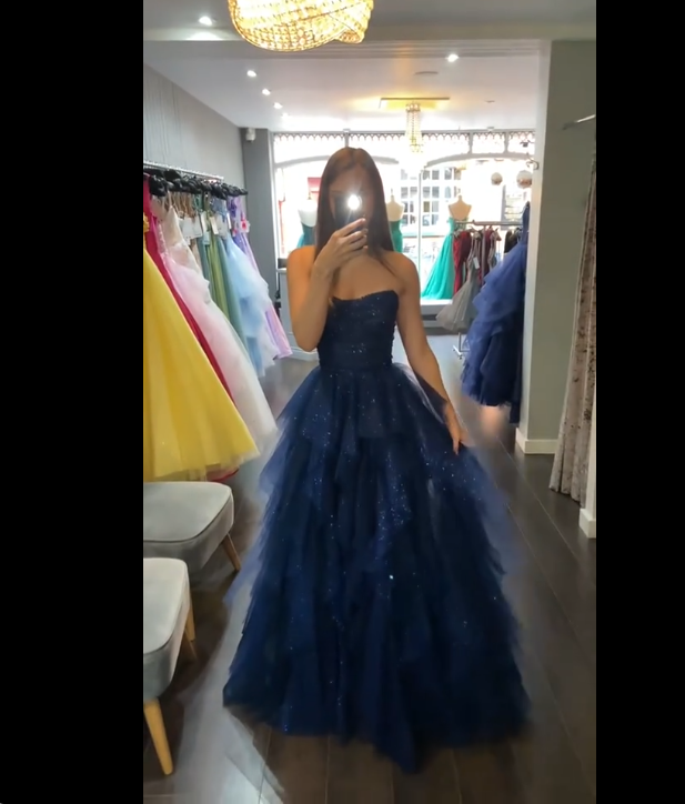 Stunning Navy Blue Strapless Beaded Tulle Long Prom Dresses Evening Formal Dress AB323