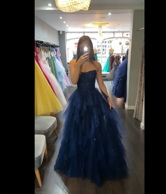 Stunning Navy Blue Strapless Beaded Tulle Long Prom Dresses Evening Formal Dress AB323