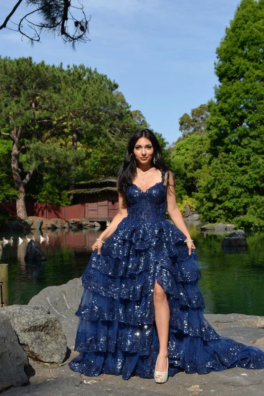 Special Ball Gown Sweetheart Strap Dark Navy Blue Lace With High Slit Sleeveless Long Prom Dresses Inspo Prom Gown AB1031