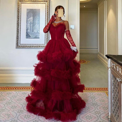 Red Ruffled Tiered Tulle Maxi Ball Gown Sweetheart Spaghetti Straps Ruffled A-Line Arabian Evening Gown AB1639