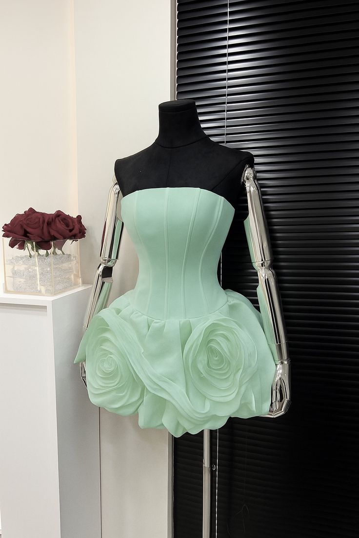 Unique Homecoming Dresses Outfit inspo Ball Gown Strapless Mint Green Flowers 16th Birthday Cocktail Dress Ideas Outfits RB8148
