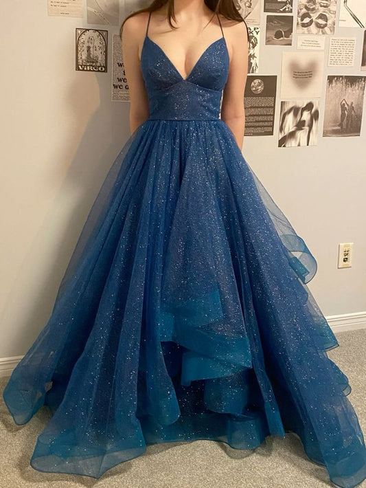 Classy Ball Gown Halter Navy Blue Tulle Prom Dress Aesthetic For Teens Formal Dress Party Outfits Prom Gowns AB1063