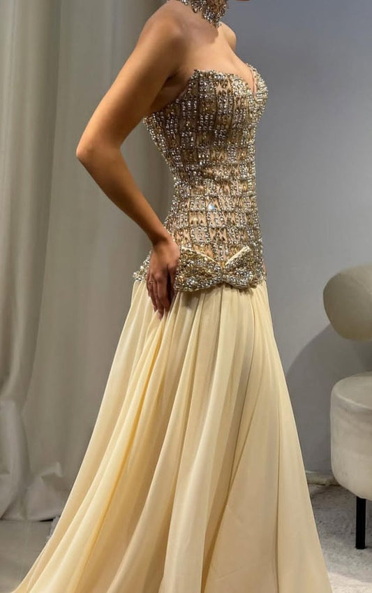 Vintage Mermaid Strapless Yellow Chiffon Long Prom Dresses Inspiration Evening Gowns Formal Party Prom Dress N189