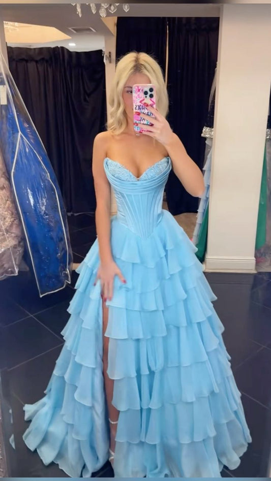 Classy Ball Gown Sweetheart Light Blue Chiffon With Slit Split Prom Dress Aesthetic For Teens Formal Dress Party Outfits Prom Gowns AB1064