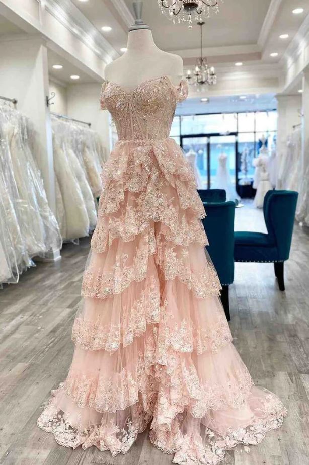 Pretty Off The Shoulder Pink Lace Slit Long Formal Prom Dresses Evening Dress Formal Party Gowns AB480