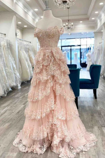 Pretty Off The Shoulder Pink Lace Slit Long Formal Prom Dresses Evening Dress Formal Party Gowns AB480