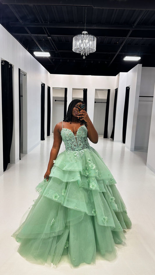 Elegant Sage Green Prom Dress Floral Tiered Ruffles Ball Gown Sweetheart Corset Long Formal Dress AB482