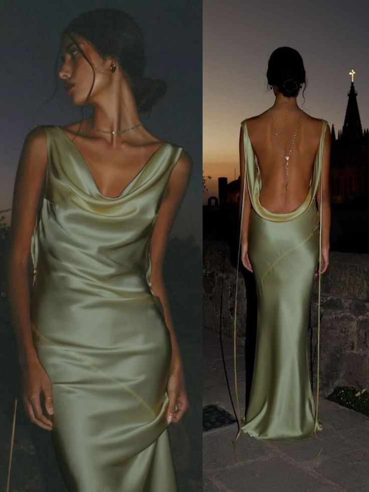 Modest Mermaid Cowl Neck Sage Green Satin Backless Evening Spring Summer Beach Formal Wedding Guest Dresses N2559