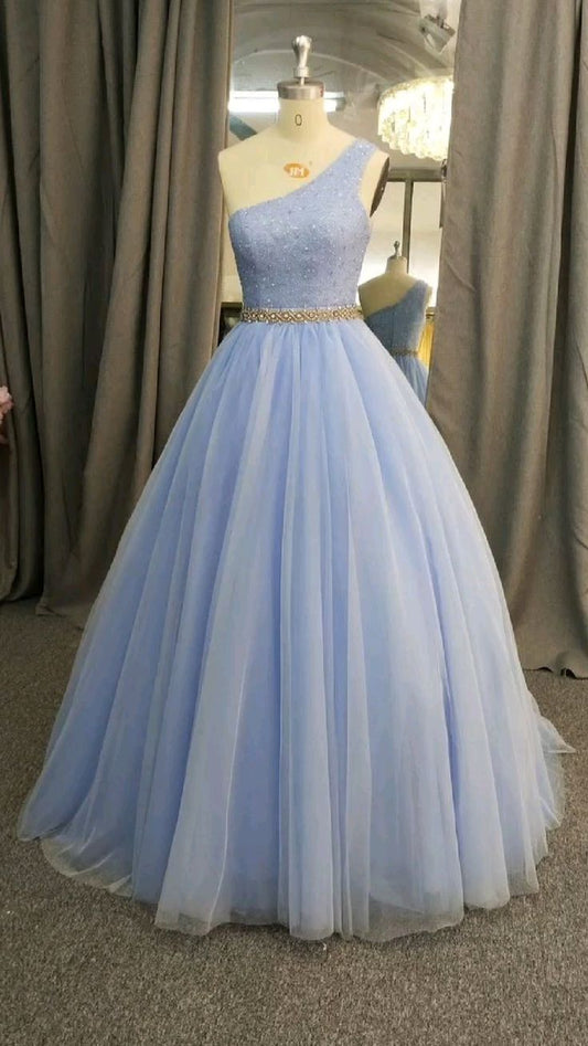 Flattering Ball Gown One Shoulder Light Sky Blue Prom Dresses Long Birthday Party Dress Evening Dresses N443