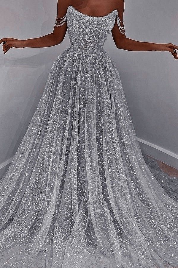 Sky Blue Off-the-Shoulder Prom Dress Long with Sequins AB929
