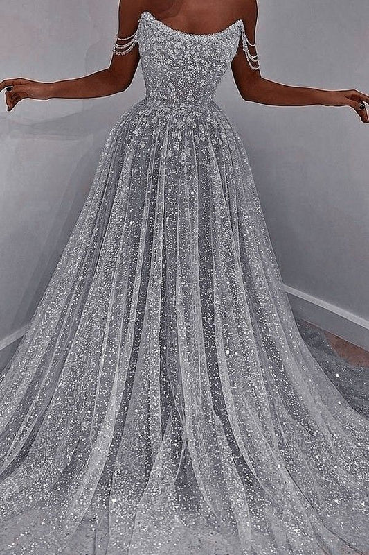 Sky Blue Off-the-Shoulder Prom Dress Long with Sequins AB929