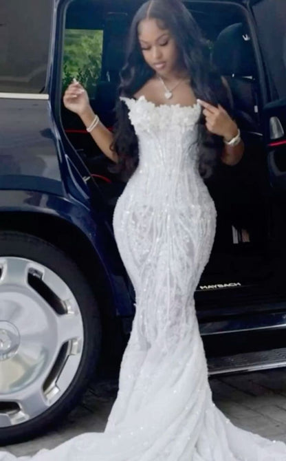 Dazzling Strapless White Sequin Mermaid Prom Dresses Column Long With Beads AB962