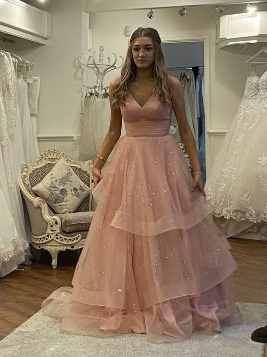 Flattering Ball Gown Spaghetti Strap Pink Tulle Prom Dresses Long Birthday Party Dress Evening Dresses N445