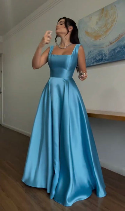 Gorgeous A Line Square Neck Blue Satin Sleeveless Prom Dresses Long Prom Gown AB216