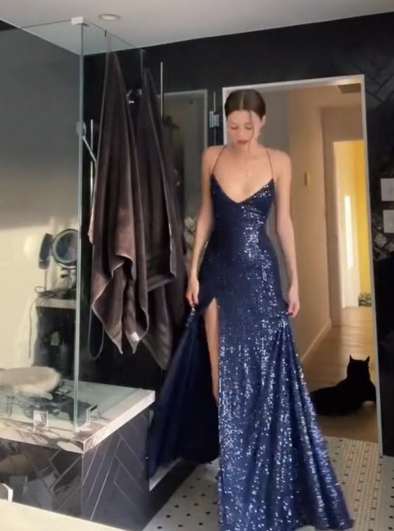 Modest Mermaid Spaghetti Straps Navy Blue Sequin Backless Prom Dresses Inspiration Slit Prom Dress Graduation Dress RB1150