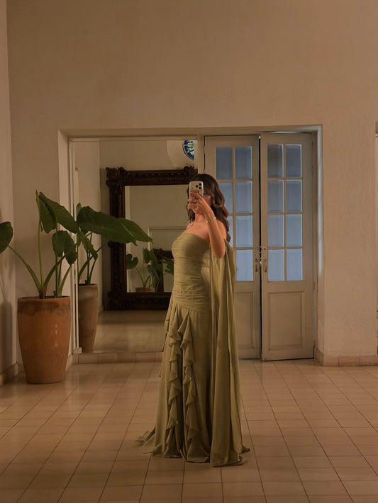 Ethereal Mermaid Strapless Olive Green Chiffon Long Prom Dresses Inspiration Evening Gowns Formal Party Prom Dress N447
