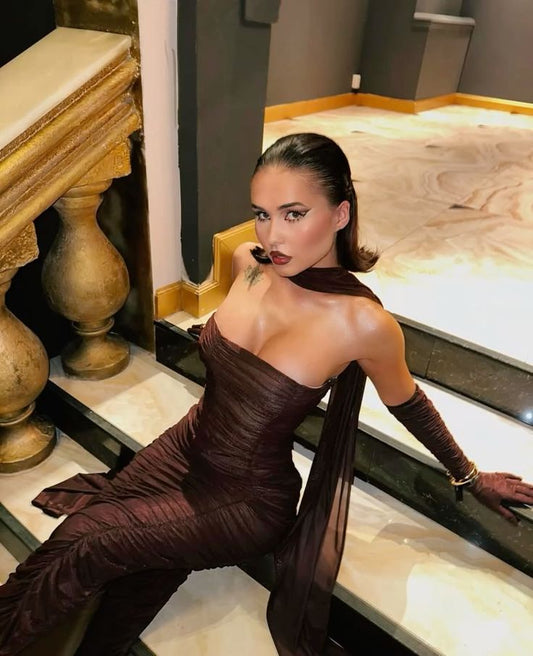 Ethereal Mermaid Strapless Burgundy With Scarf Gloves Long Prom Dresses Inspiration Evening Gowns Formal Party Prom Dress N448