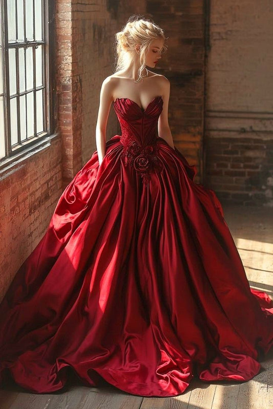 Classy Ball Gown Sweetheart Red Satin Prom Dress Aesthetic For Teens Formal Dress Party Outfits Prom Gowns AB1066