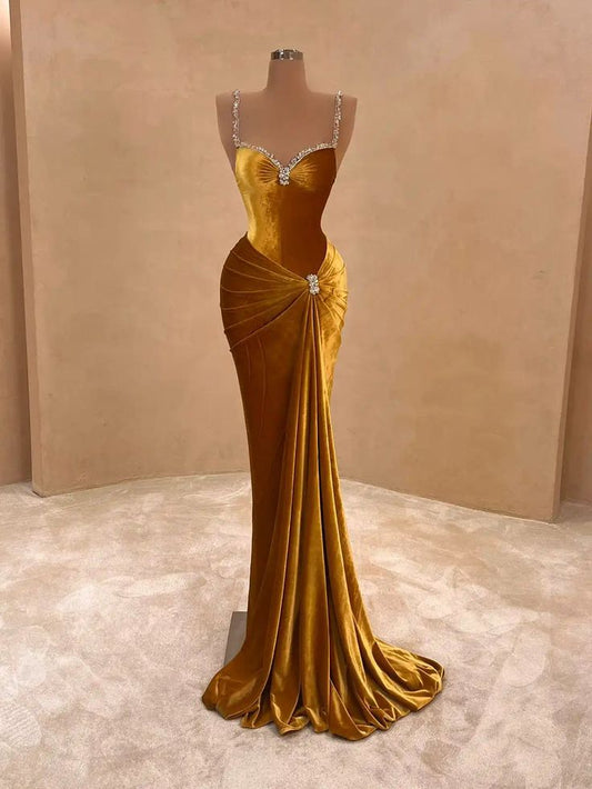 Sexy Mermaid Spaghetti Strap Gold Velvet Long Prom Dresses Senior Graduation Dance Evening Outfits N449