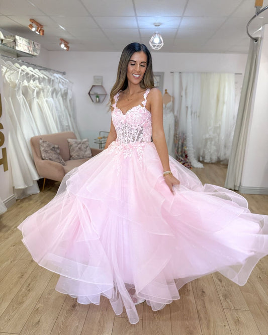 Ball Gown Light Pink Layered Tulle Stunning Prom Dresses Birthday Gowns Pink Spaghetti Strap Ruffle Long Evening Dress AB936