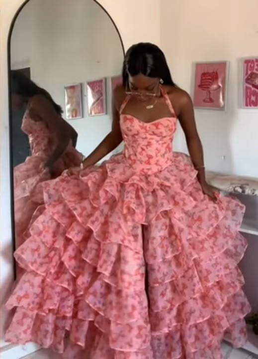 Cute Ball Gown Halter Pink Floral Chiffon Sleeveless Prom Dresses Long Formal Party Gown N1412