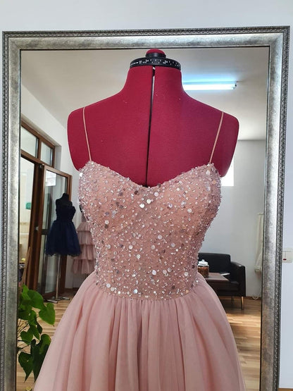 Unique A line Spaghetti Strap Pink Tulle Slit Prom Dresses With Beaded For Teens Formal Dress Party Outfits Prom Gown N037