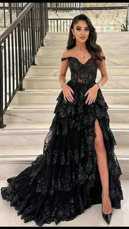 Sexy Ball Gown Off The Shoulder Lace Slit For Black People Girls Prom Dresses Sequin Long Formal Evening Party Gowns N790