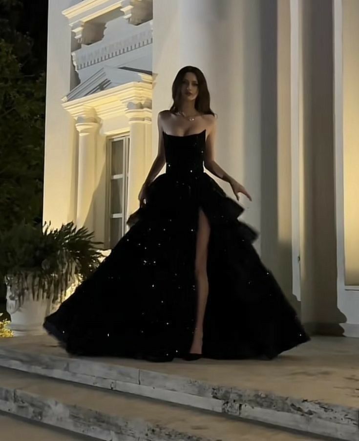 Sparkly Ball Gown Strapless Black Prom Dresses Fashion Evening With Slit Sequin Long Formal Party Gowns N794