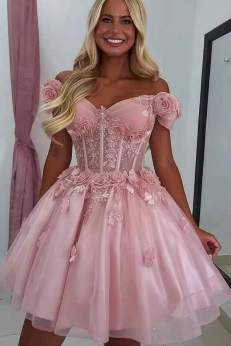 Sparkly Off-Shoulder Tulle Homecoming Dress with 3D Flowers & Corset Party Dresses RB6784