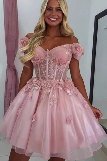 Sparkly Off-Shoulder Tulle Homecoming Dress with 3D Flowers & Corset Party Dresses RB6784