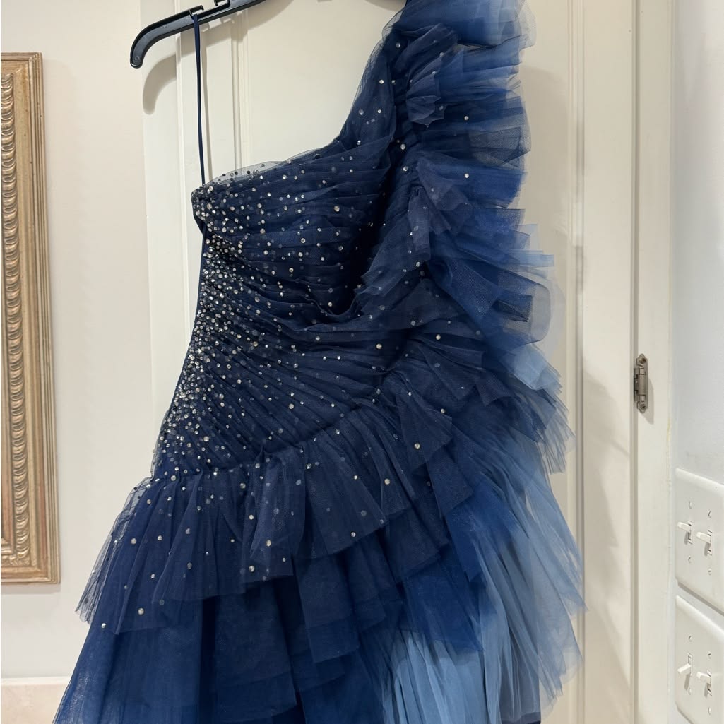 Blue Asymmetrical Mini Elegant Evening Dress Short Homecoming Dress With Beading RB6437