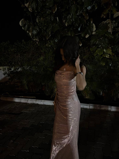 Simple Mermaid Spaghetti Strap Pink Sequined With Pleated Long Prom Dresses Formal Dress Party 20th Birthday Outfits N412