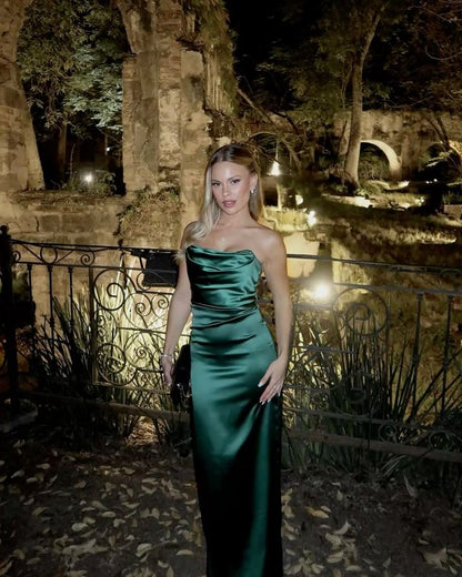 Simple Mermaid Strapless Dark Green Satin Long Prom Dresses Formal Dress Party 20th Birthday Outfits N438