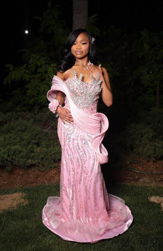 Elegant Mermaid Sweetheart Pink Sequined For Black Girls Long Prom Dresses Formal Dress Party Wedding Gudest Birthday Outfits N456