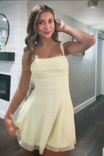 Simple Homecoming Dresses Outfit inspo A line Square Neck Yellow 16th Birthday Cocktail Ideas Outfits RB8317