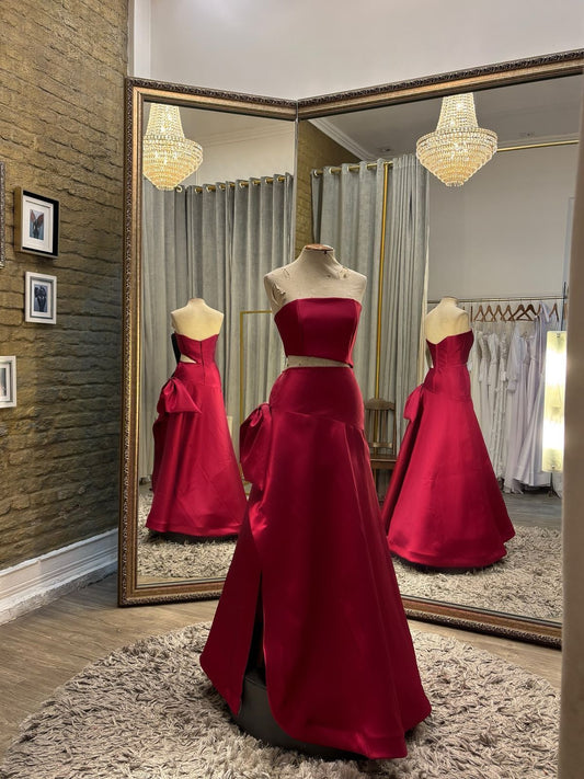 Simple Mermaid Strapless Red Satin Long Prom Dresses Formal Dress Party 20th Birthday Outfits N452