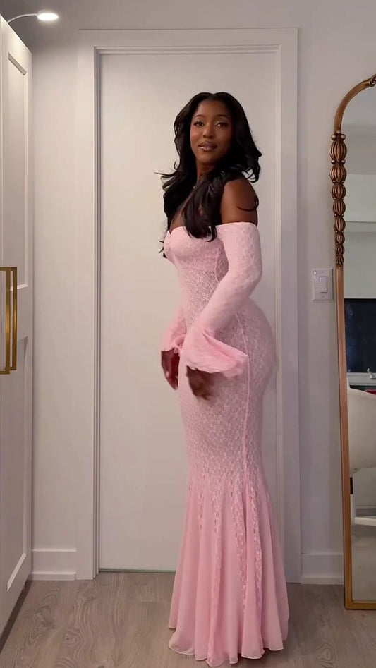 New Arrive Elegant Off The Shoulder Pink Lace Long Party Dress Prom Dresses Mermaid Bodycon For Women N4078