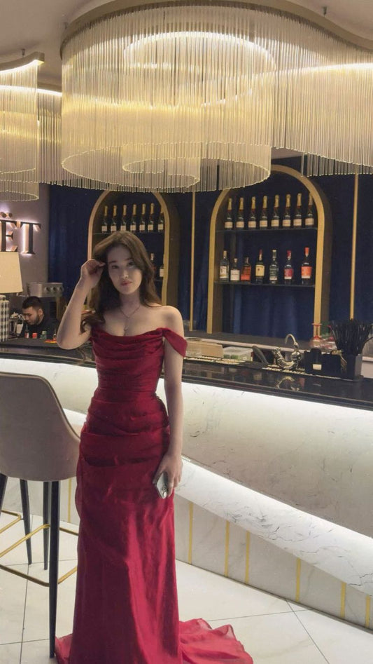 Sexy Mermaid Off The Shoulder Red Satin With Beaded Long Prom Dresses For Teens Girls Formal Dress Party Birthday Outfits N414