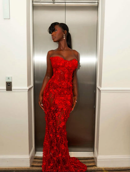 Gorgeous Red Sweetheart Mermaid Prom Dresses Sleeveless Strapless With Lace Party Gown AB331