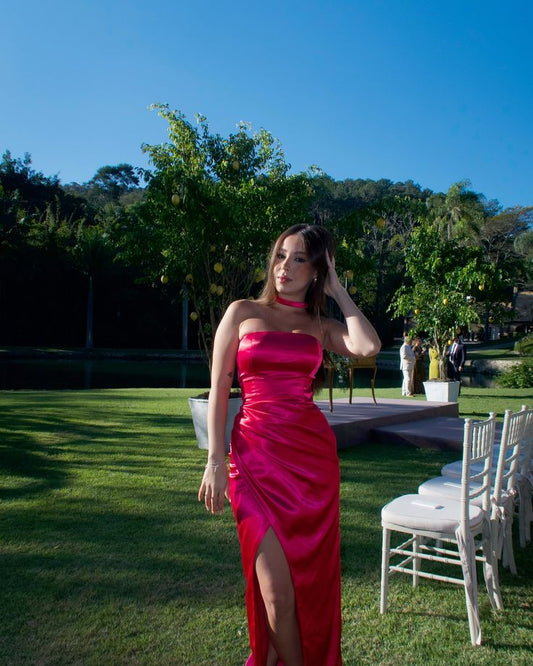 Modest Mermaid Strapless Hot Pink Satin Slit Prom Dresses Sleeveless Long Formal Party Gown AB339