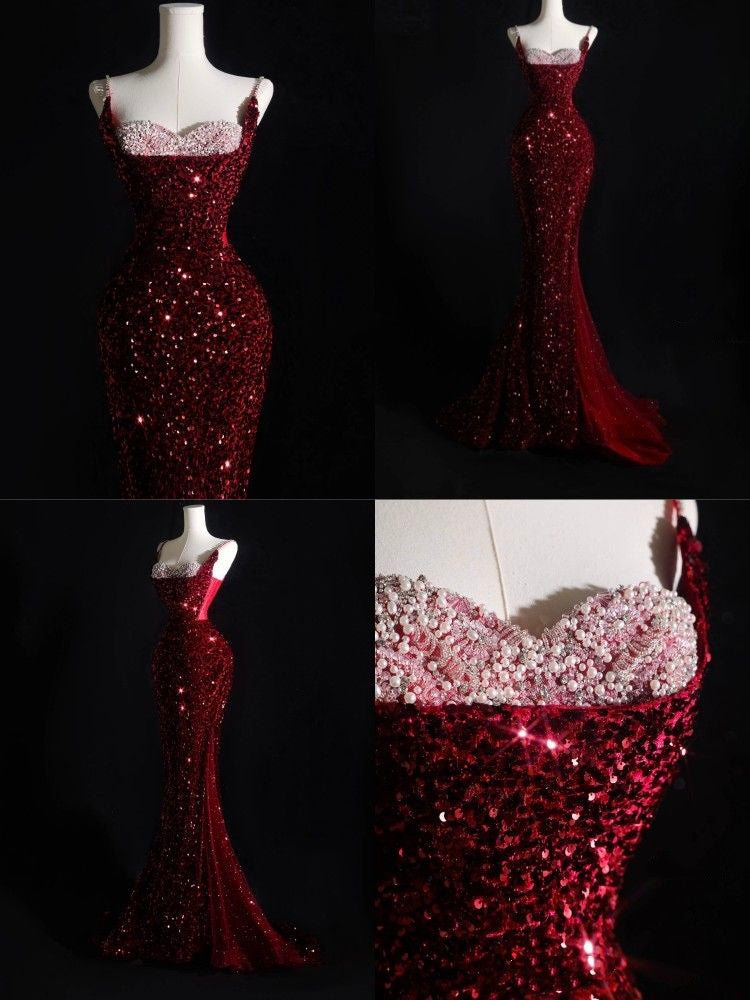 Sparkly Mermaid Spaghetti Straps Sequins Burgundy Long Formal Fancy Prom Evening Dress Dinner Outfits Classy Party Gowns AB2047