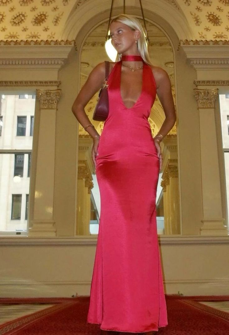 Simple Mermaid Halter Hot Pink Satin Long Prom Dresses Formal Dress Party 20th Birthday Outfits N458