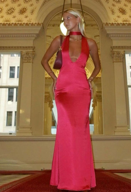 Simple Mermaid Halter Hot Pink Satin Long Prom Dresses Formal Dress Party 20th Birthday Outfits N458