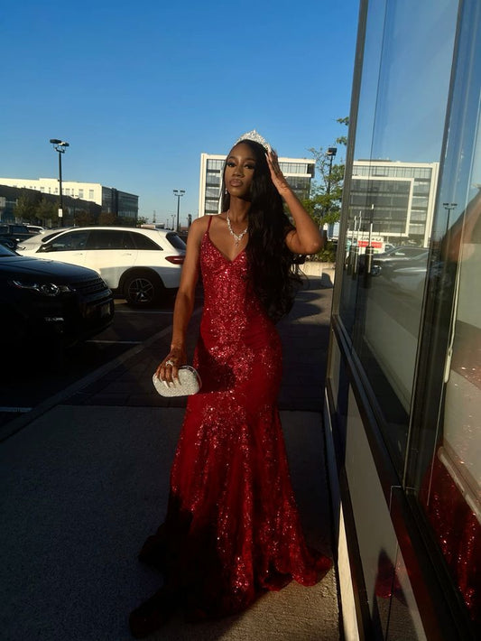 Sexy Mermaid Spaghetti Straps Burgundy Black Girl Sequin Long Prom Dresses Inspiration Party Dress Graduation Dress RB1268