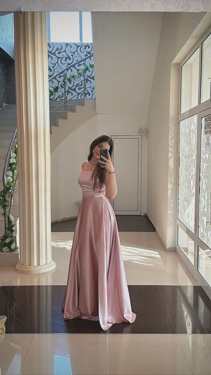 Simple A Line Spaghetti Strap Pink Satin Long Prom Dresses Formal Dress Party 20th Birthday Outfits N460